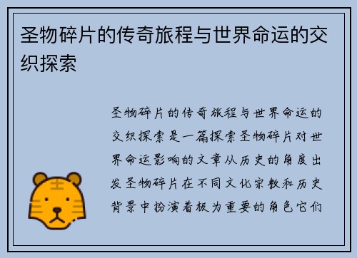 圣物碎片的传奇旅程与世界命运的交织探索
